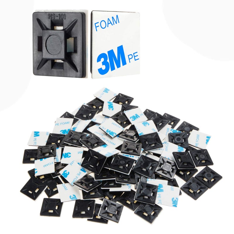 XHF 200 PCS 1/2" Black Self Adhesive Cable Zip Tie Mounts Wire Cable Clips Holders Management Anchors Organizer Holders Squares(HS-100) - Image 1